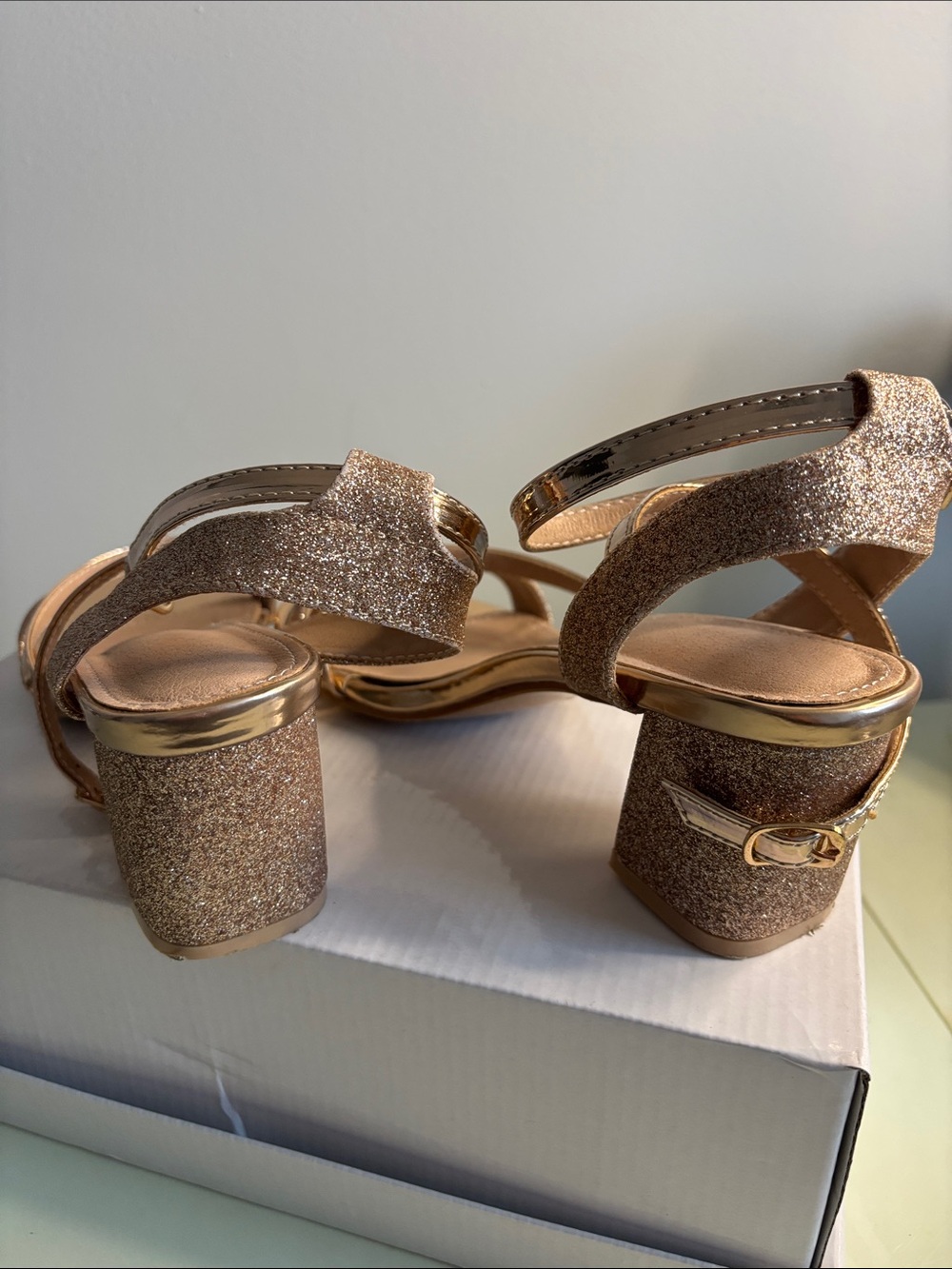Metallic Rose Gold Strappy Low Block Heel Sandals - Picture 6 of 7